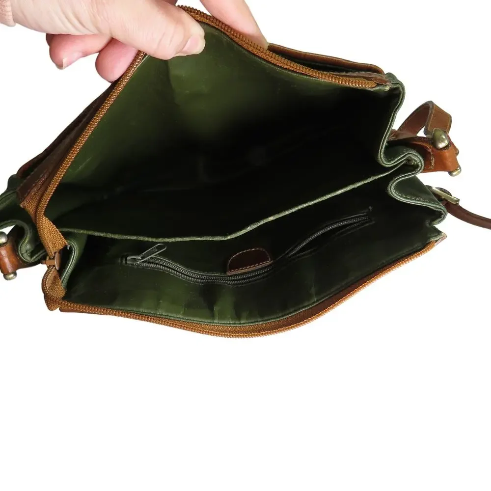 1980s Vintage Olive Green Genuine Leather Satchel Crossbody Bag Retro